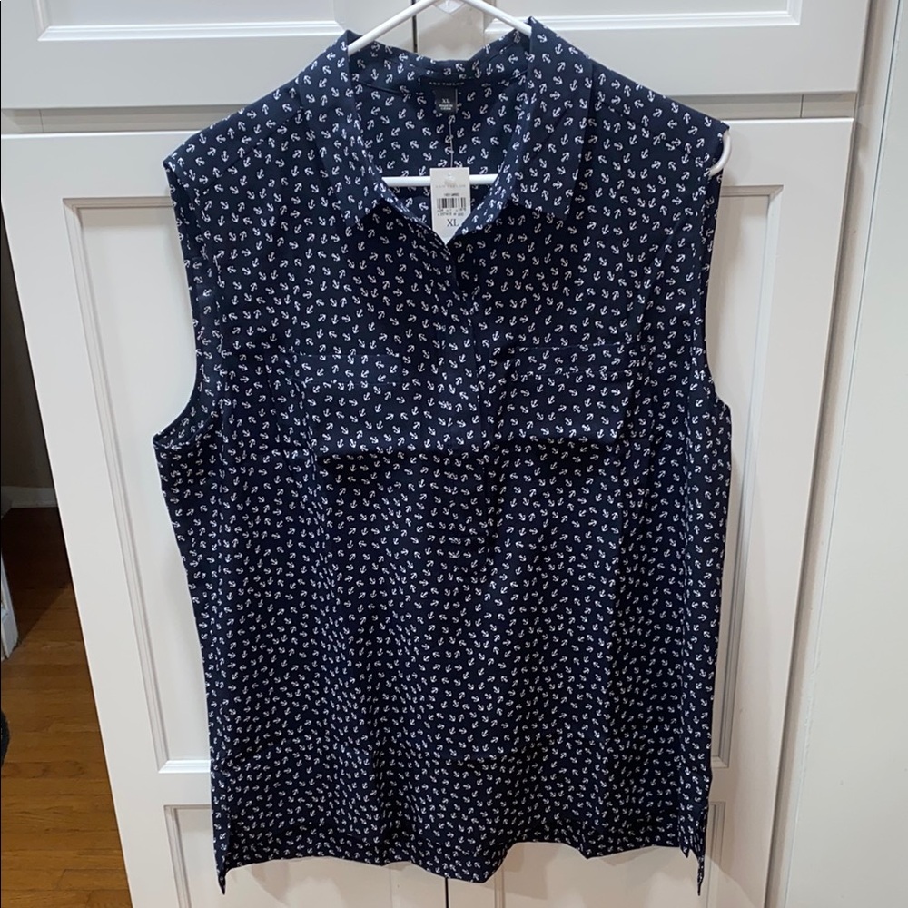 Ann Taylor Blue Buttoned Mandarin Collar Blouse with NAUTICAL ANCHOR
